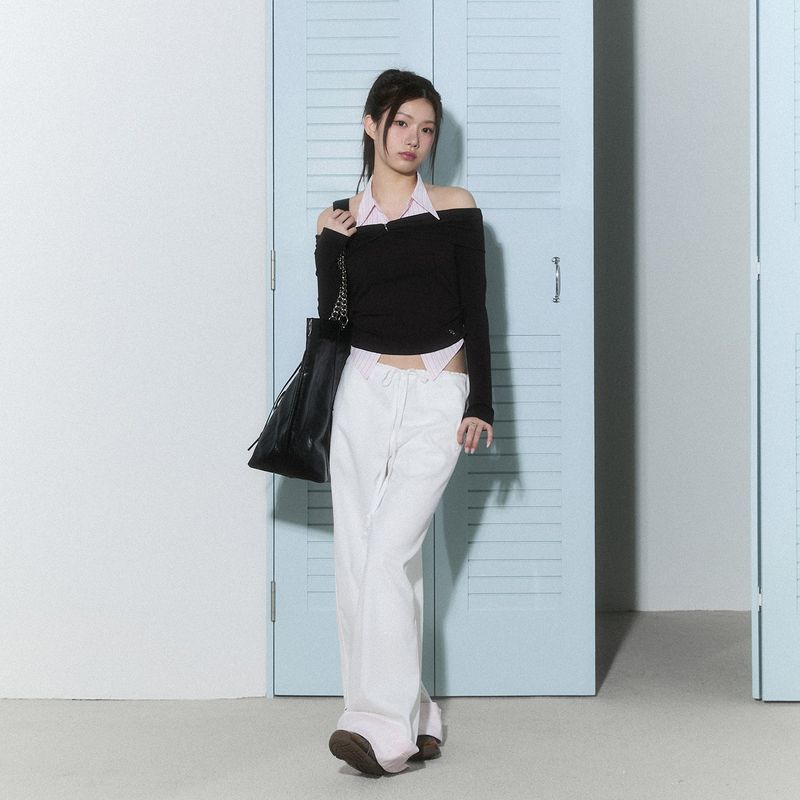 lace layered roll up denim - white