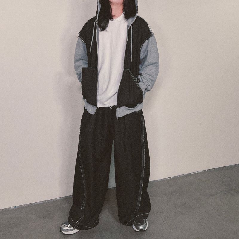 layered deconstructed zip-up hoodie_black