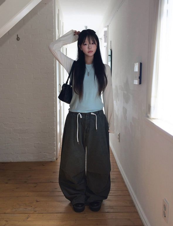Nako String Pintuck Pocket Washing Wide Pants