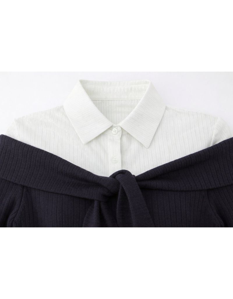 Elly Off-Shoulder Tie Ribbed Short Sleeve Knit T-Shirt Navy