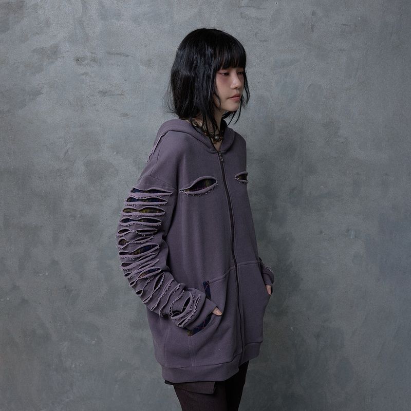 SLASHED CHECK HOODIE: PURPLE