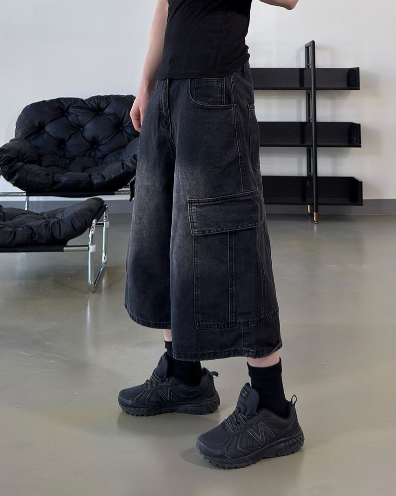 Kazen Washed Cargo Bermuda Denim Pants