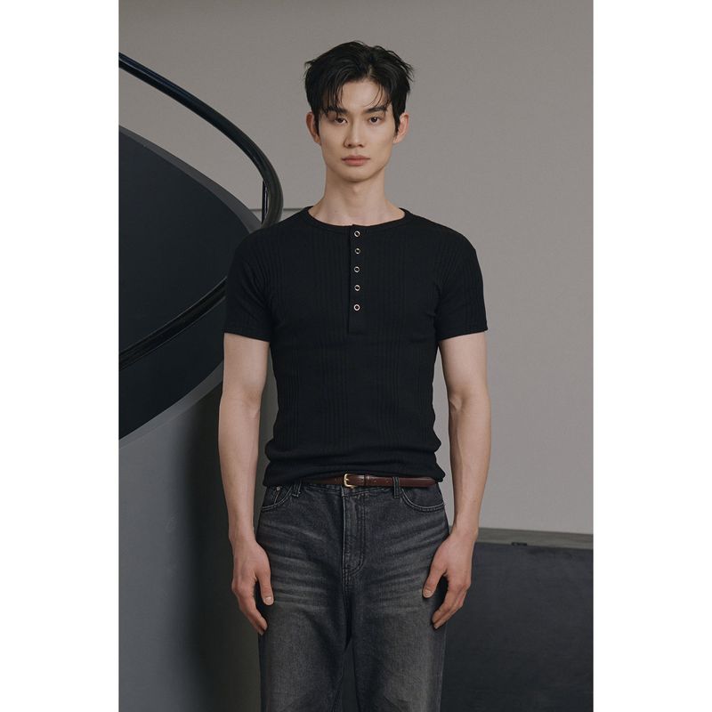 LAURANTSEOUL（ローラントソウル）の「High ribbed henry neck half sleeves(Black)（Tops）」