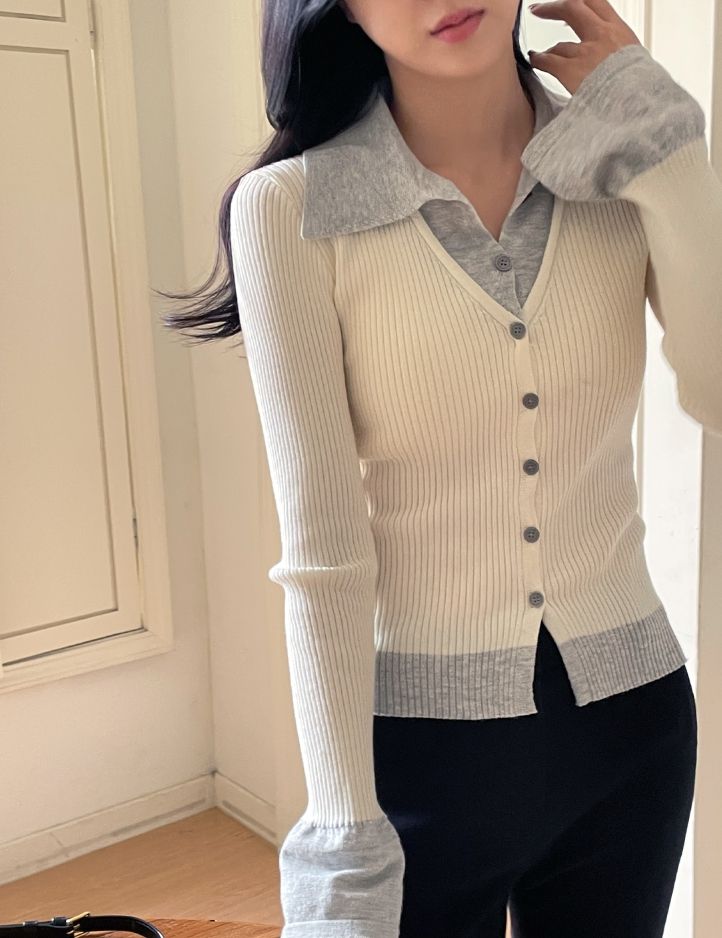 Core Layered Collar Ribbed Knit Cardigan