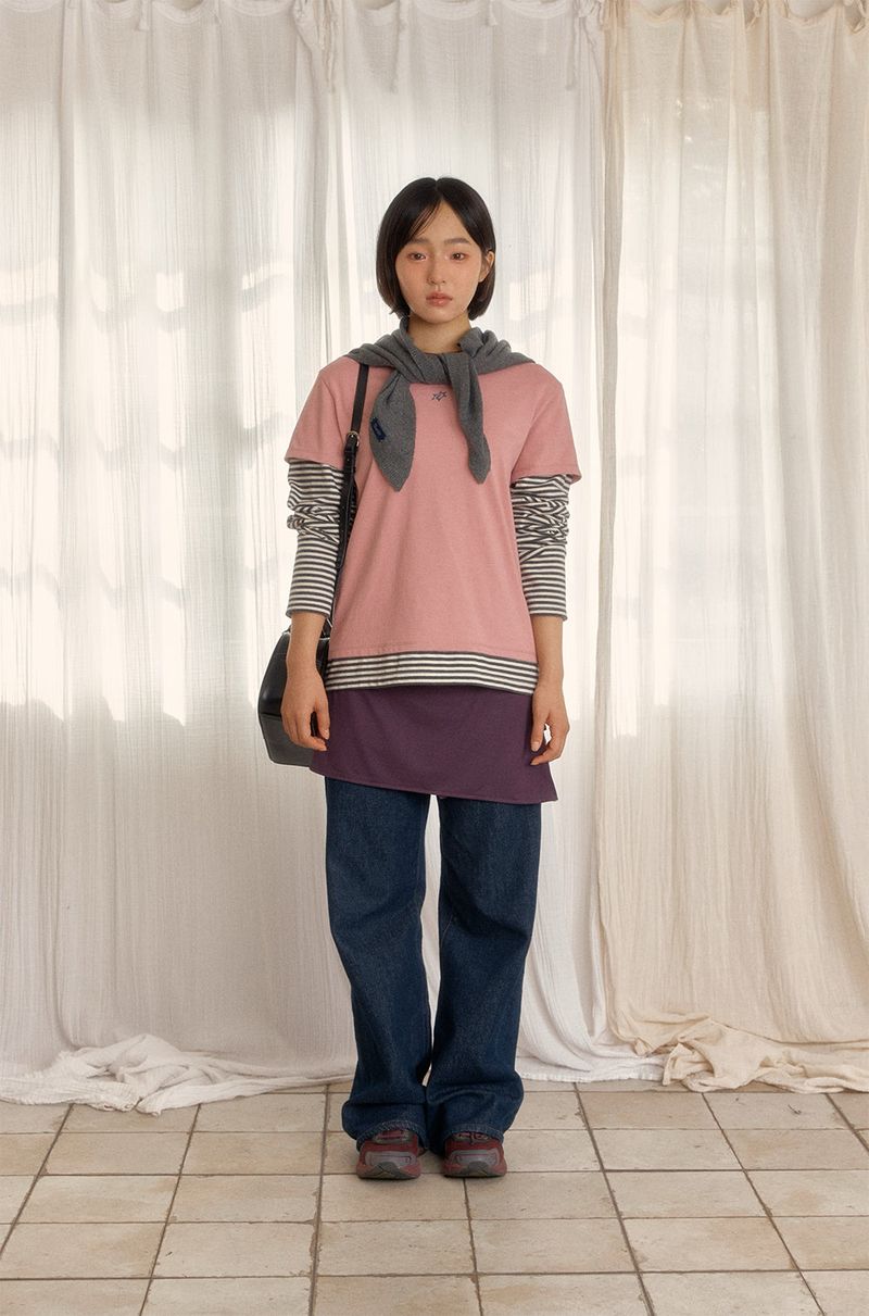 LOGO LAYERED STRIPE TEE (DUSTY PINK)