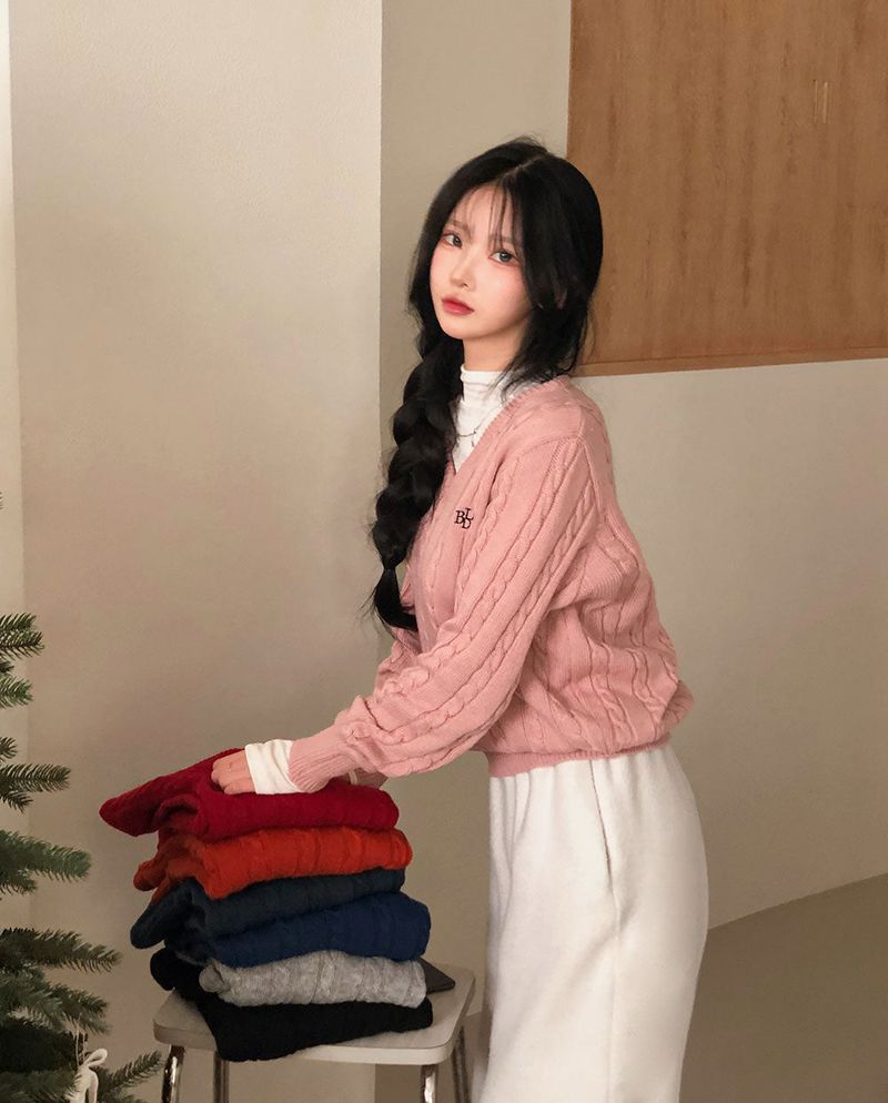 [BELLIDE MADE] Crayon Twisted V-neck Embroidered Cable Knit