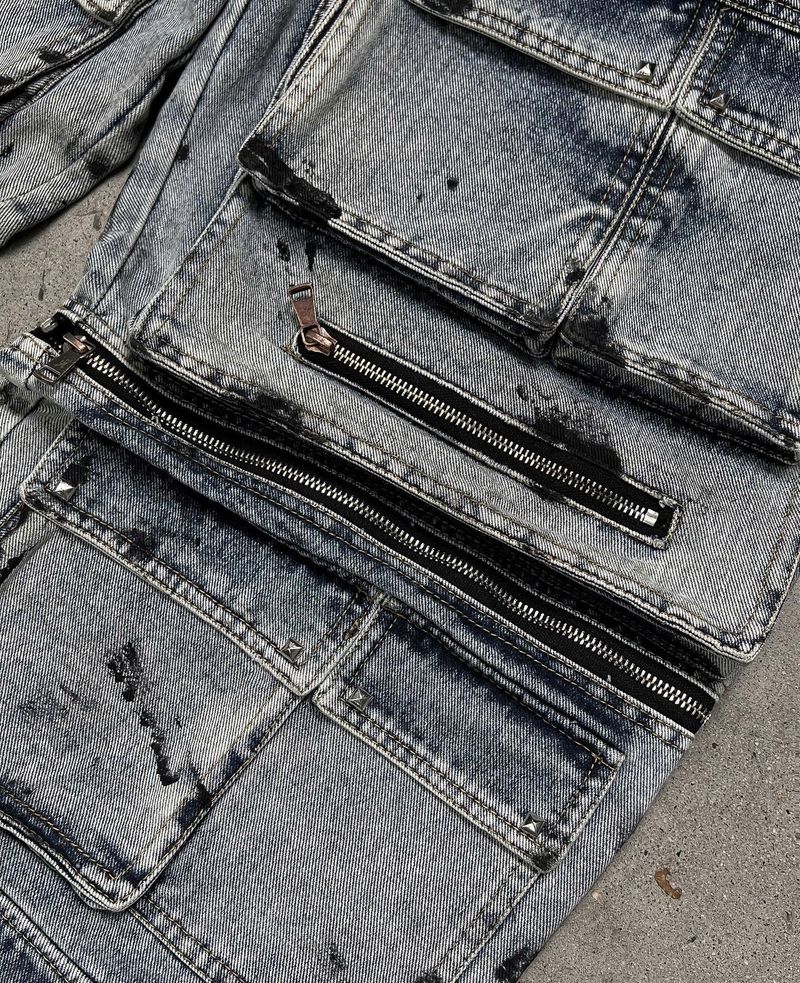 WASH-DENIM CARGO PANTS MULTI POCKET (Blue)