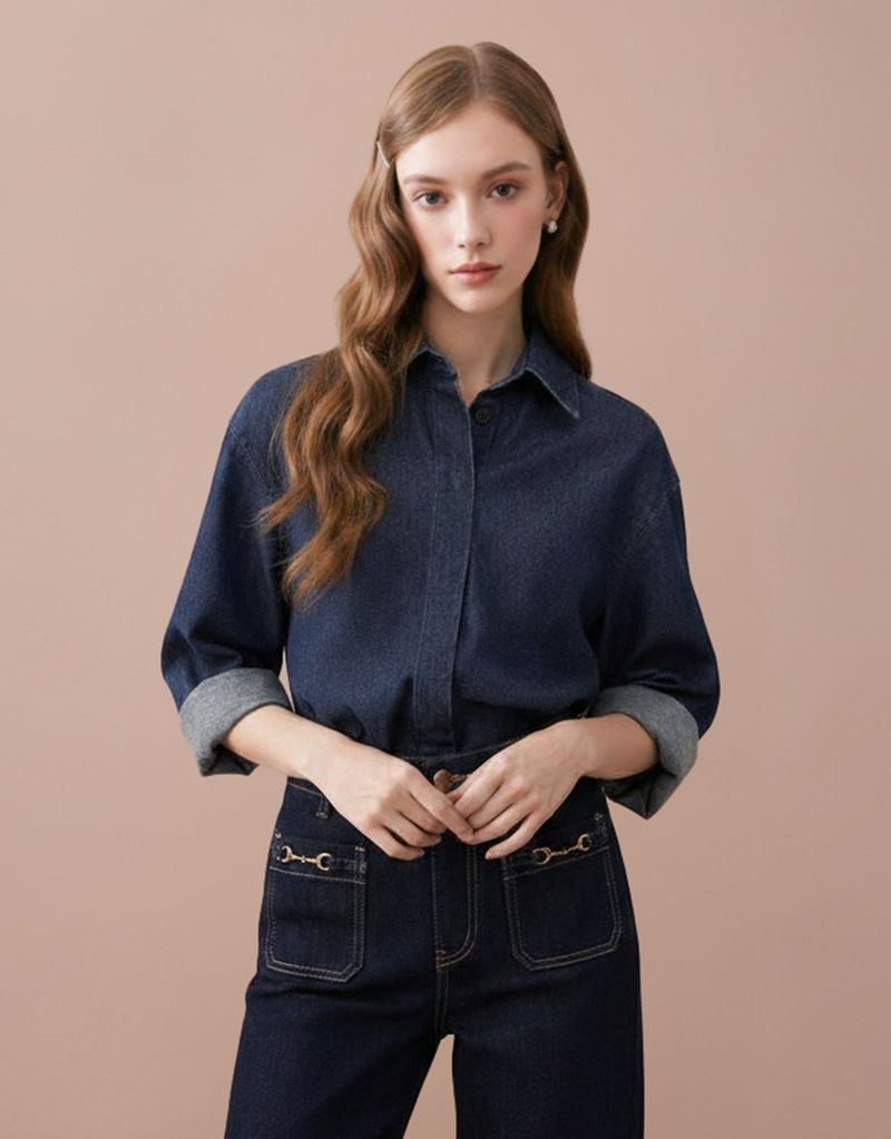 TWEEDY-A（ツウィーディア）の「ルエナ ロールアップ バックウエスト バンディング シャツ インディゴデニム（トップス）」