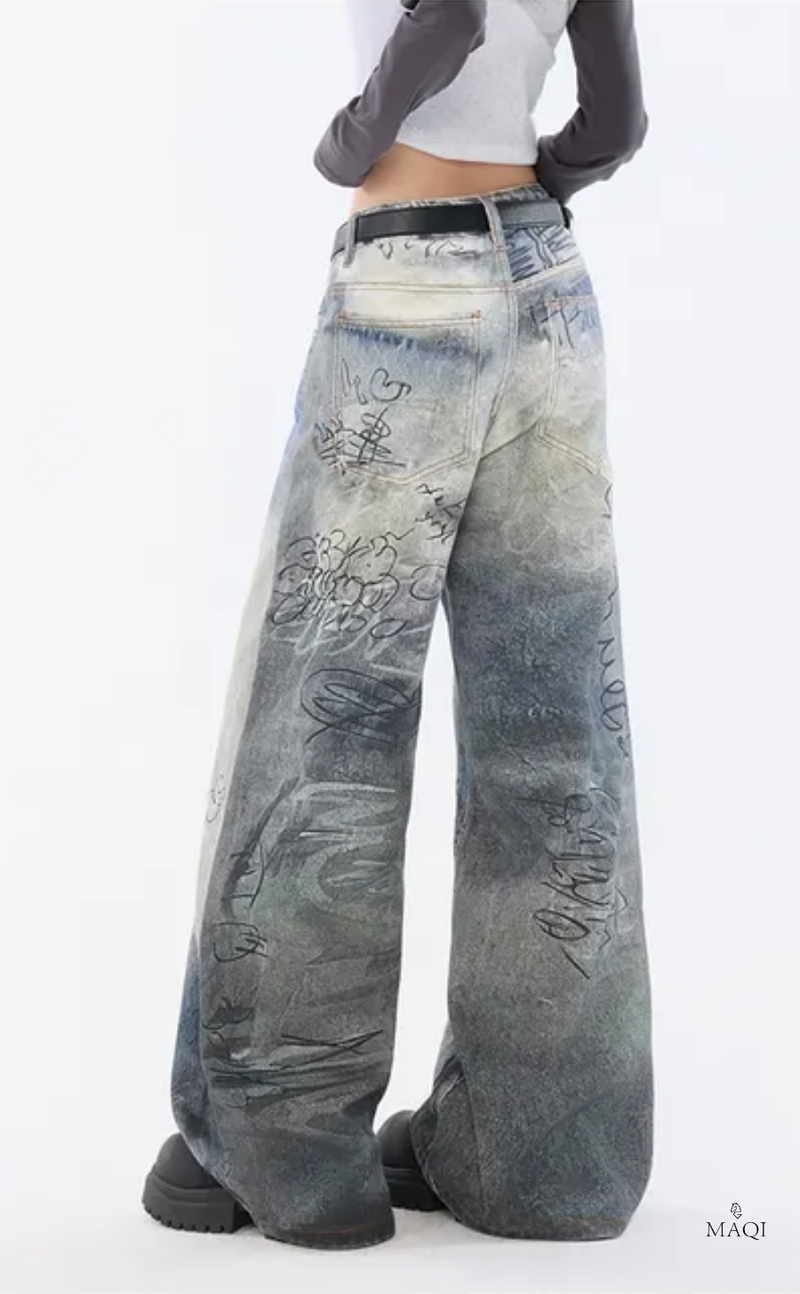 Hand-Painted Distressed High-Waisted Wide-Leg Jeans