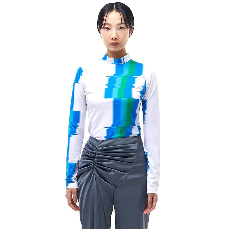 Glitch Print Mock Neck T-Shirt_Blue