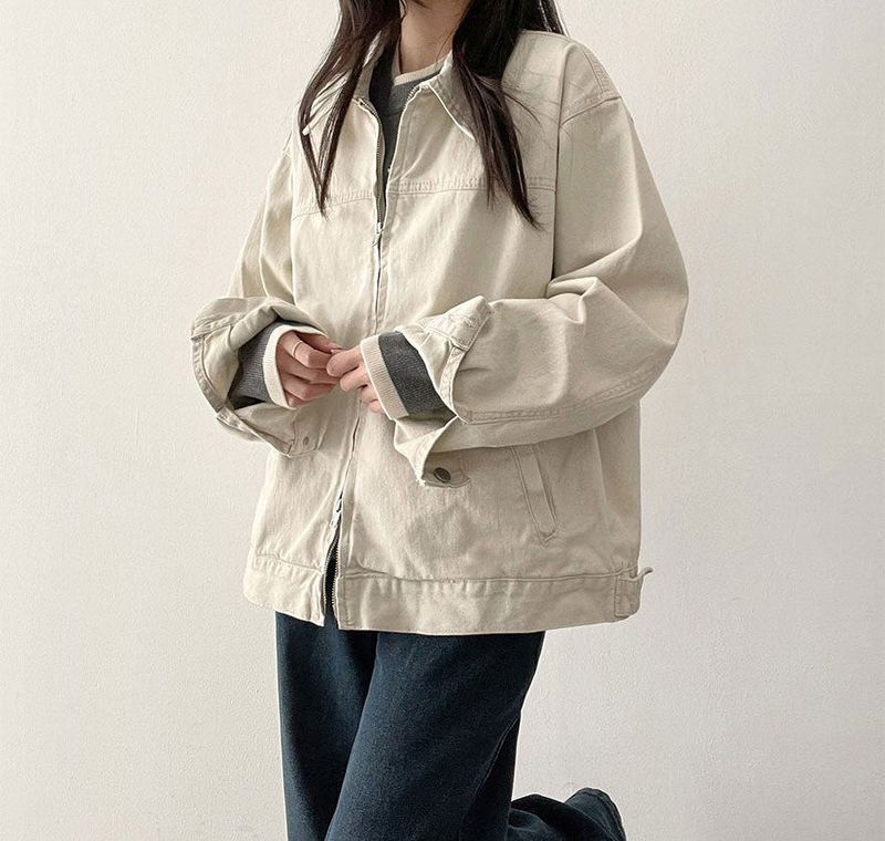 Rentto Basic Collar Zipper Loose Fit Cotton Jacket