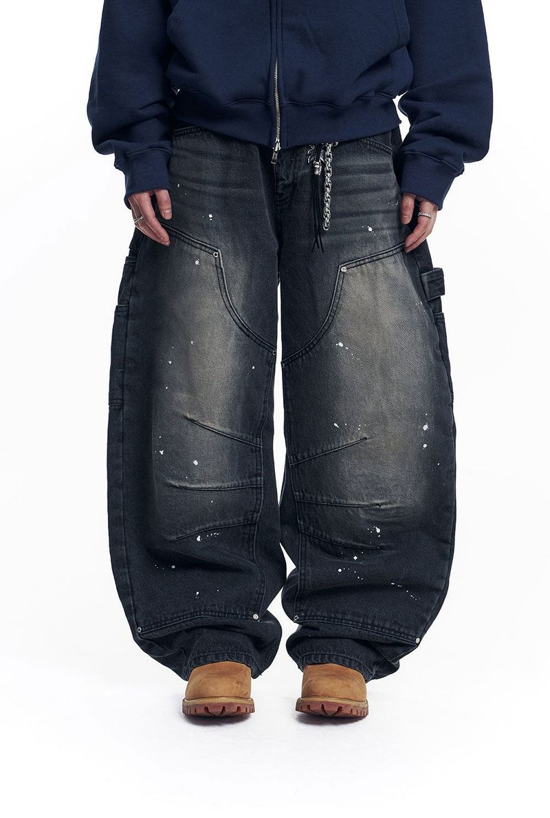Curved Double Knee Denim Pants - Black