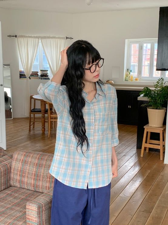 BAON（バオン）の「Toui Check Three Quarter Rolled-up Loose Fit Shirt（Tops）」