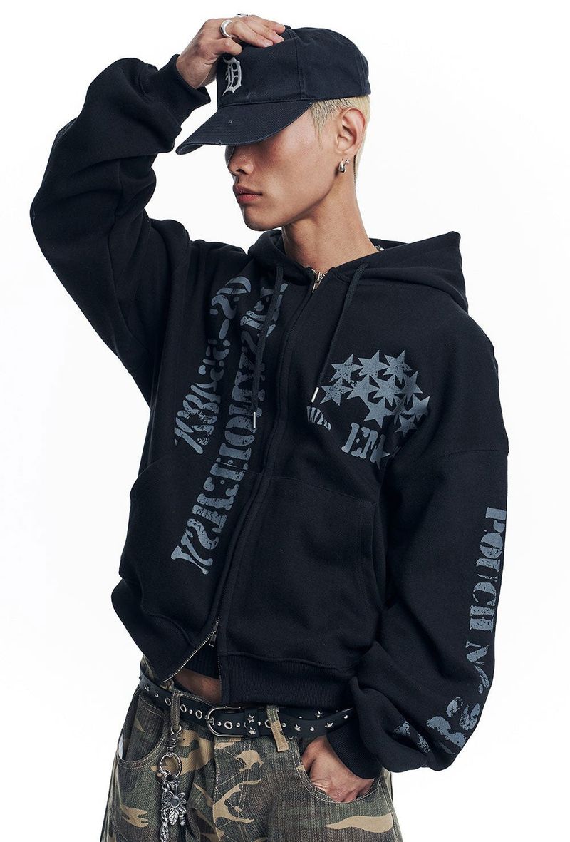 Marine Crack Print Hooded Zip-Up - Black