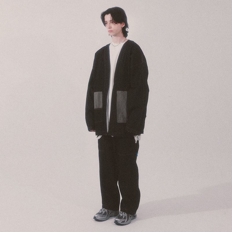 stripe patch denim cardigan_black