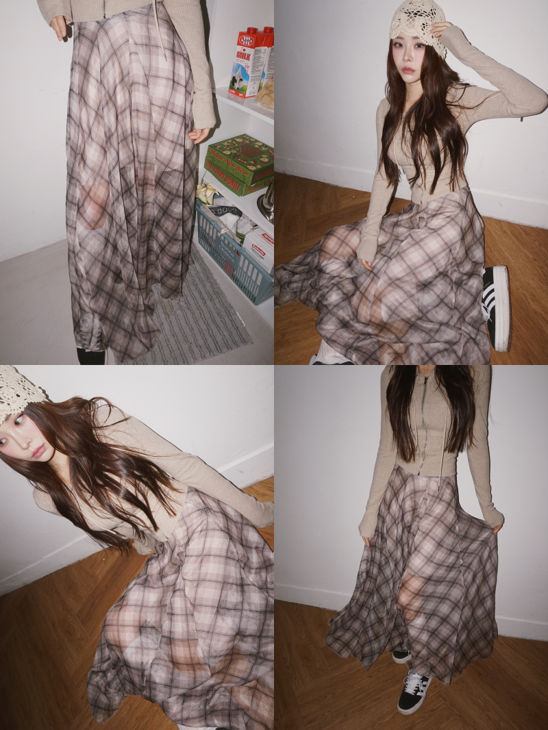 dereborujo（ドレボルゾー）の「ロングチェックシフォンシャララスカート（スカート）」