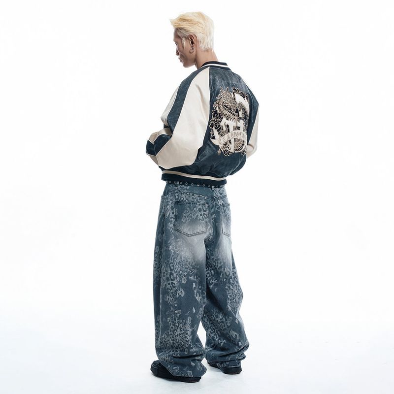 Sun Patch Leopard Balloon Denim Pants - BLACK
