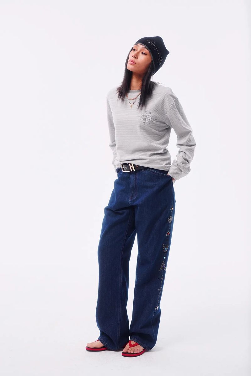TOTEM RIVET FLOCKED DENIM PATCH STRAIGHT TAILORED JEANS