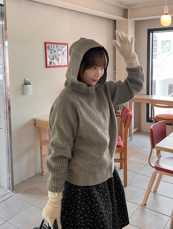 Higanne High Neck Angora Hood Knit Cardigan