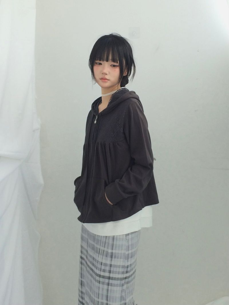 Flower Lace Half-Shirring Hooded Zip-Up