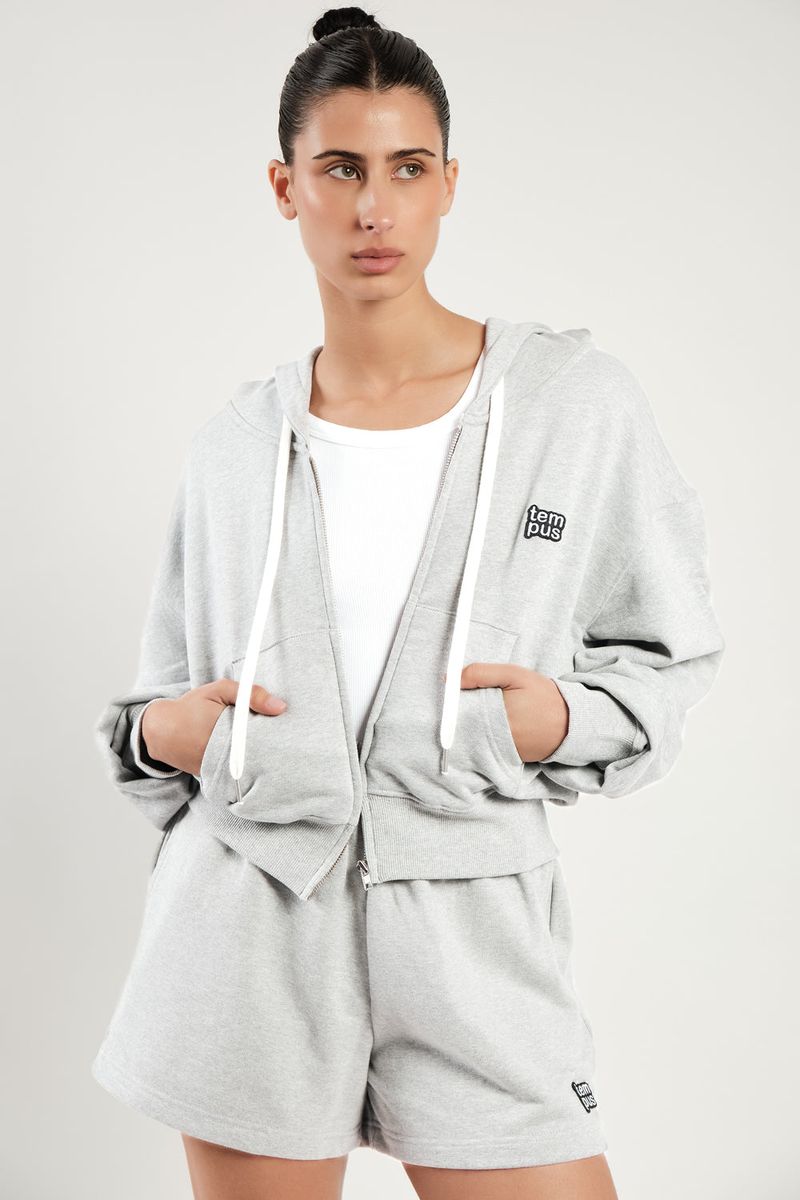 TEMPUS PATCH CROP HOOD ZIP-UP [WHITE MELANGE]