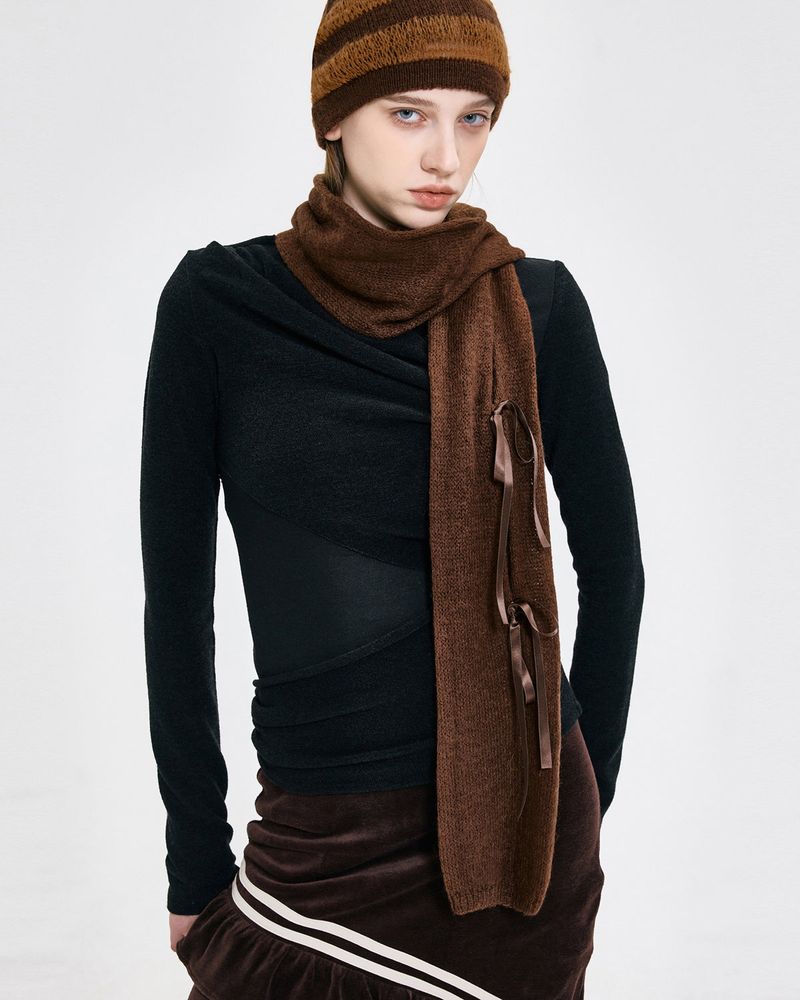  Ribbon Tied Beanie _ BROWN