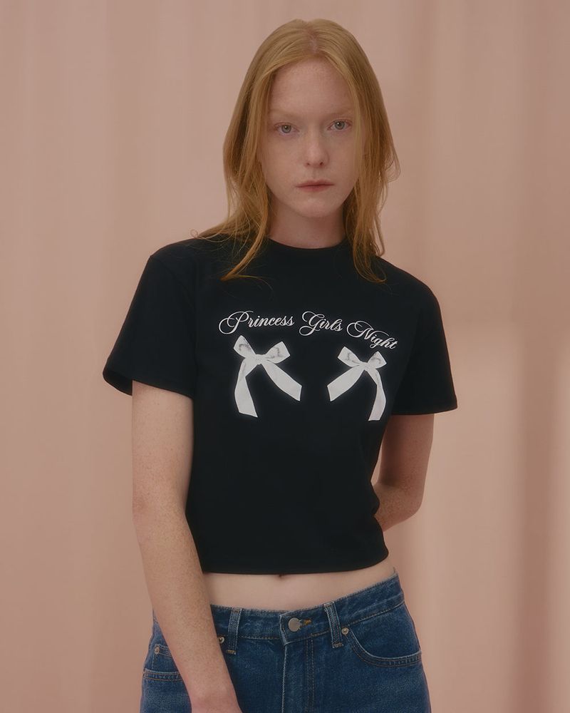 PRINCESS TWIN RIBBON CROP TSHIRT-BLACK