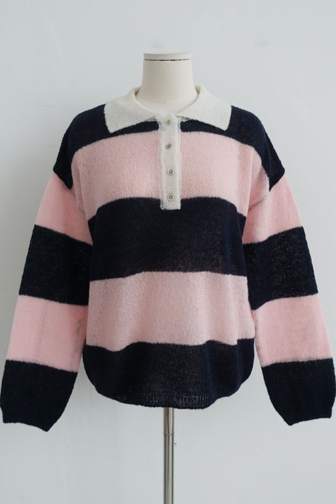 RUGBY STRIPED POLO SWEATER (5COLORS!)