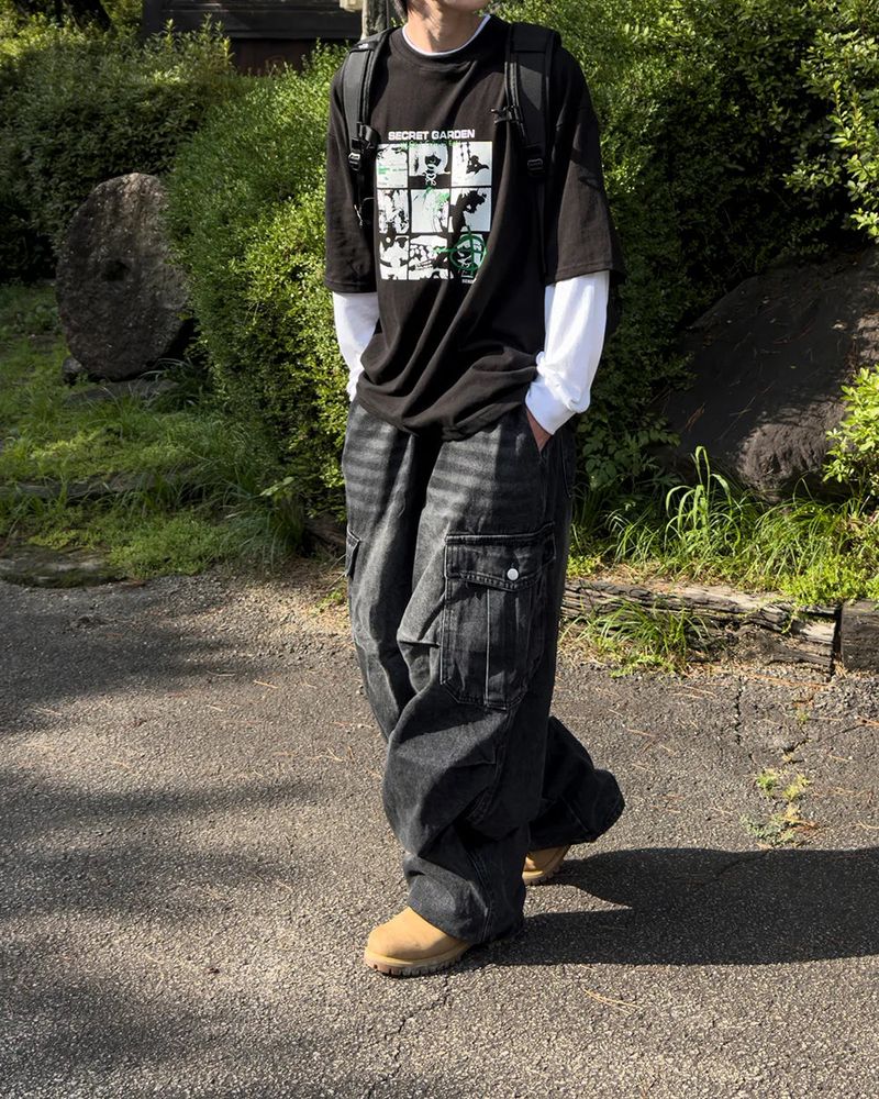 Bern diagonal cargo wide denim pants