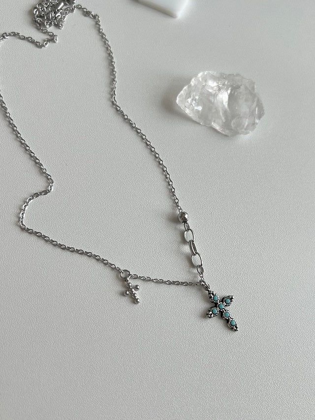 sif color twin cross turquoise vertical double ball short long layered gemstone necklace