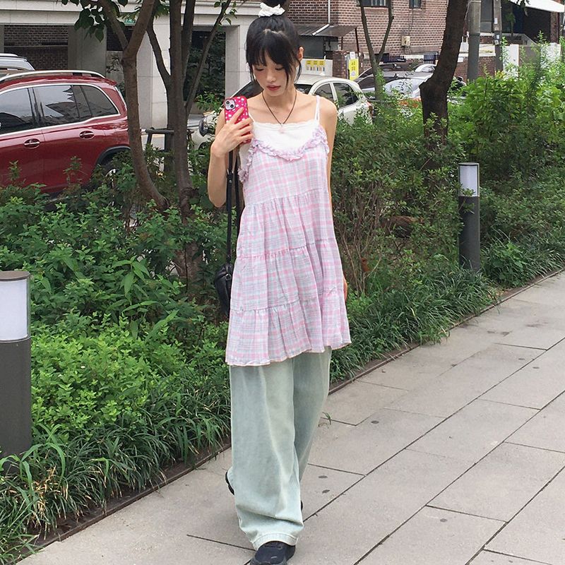 アコフリルチェックミニノースリーブドレス
