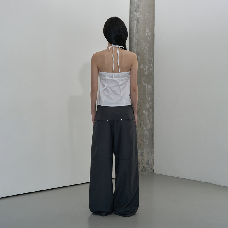WAIST DETAIL TWO-TUCK WIDE SLACKS (GRAY)