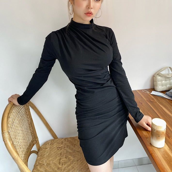 [SALE] Half-turtleneck shirring unbalanced dress