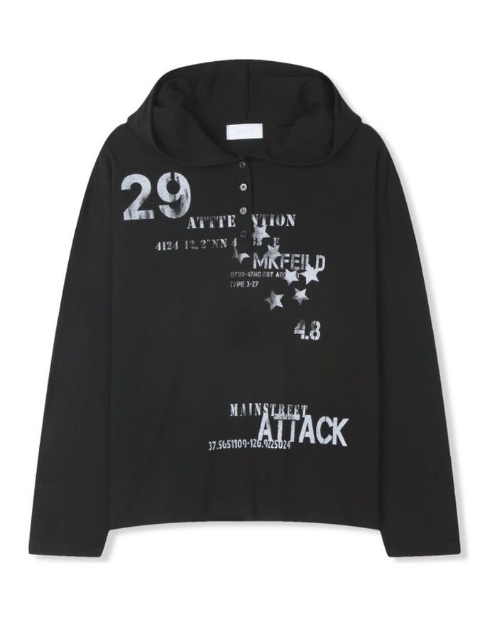 (UNISEX) Attack Henley Hooded Long Sleeve