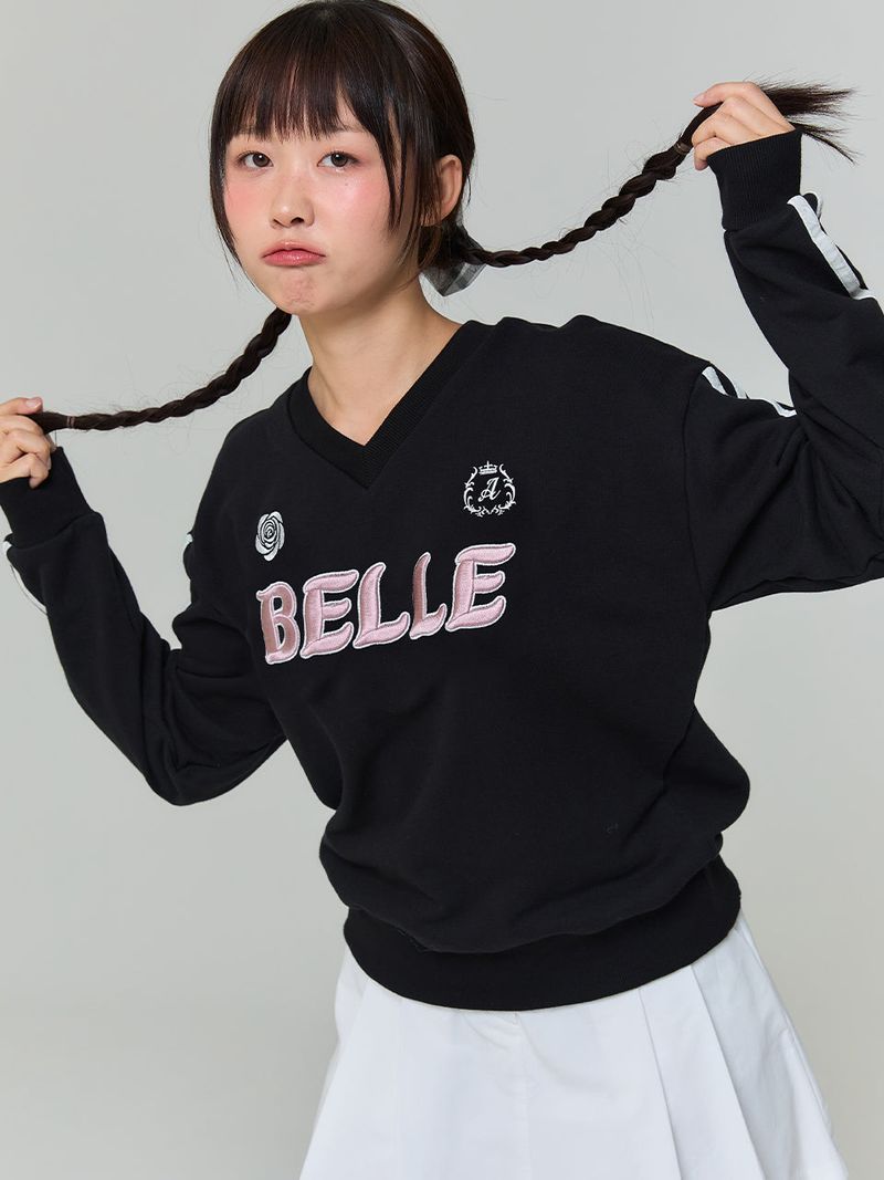 BELLE EMBROIDERED V-NECK SWEATSHIRT - BALCK