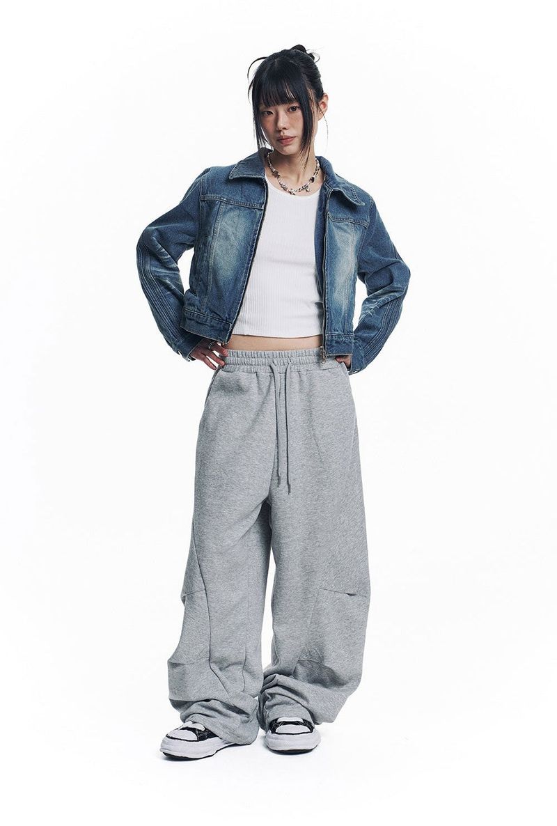 Washed Crop Track Denim Jacket - Deep Blue