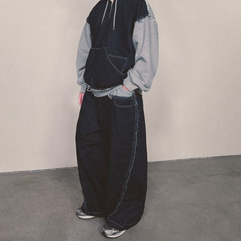layered deconstructed denim pants_blue