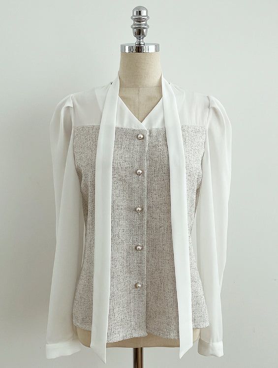 Benilla Color Matching Tweed Tie Blouse