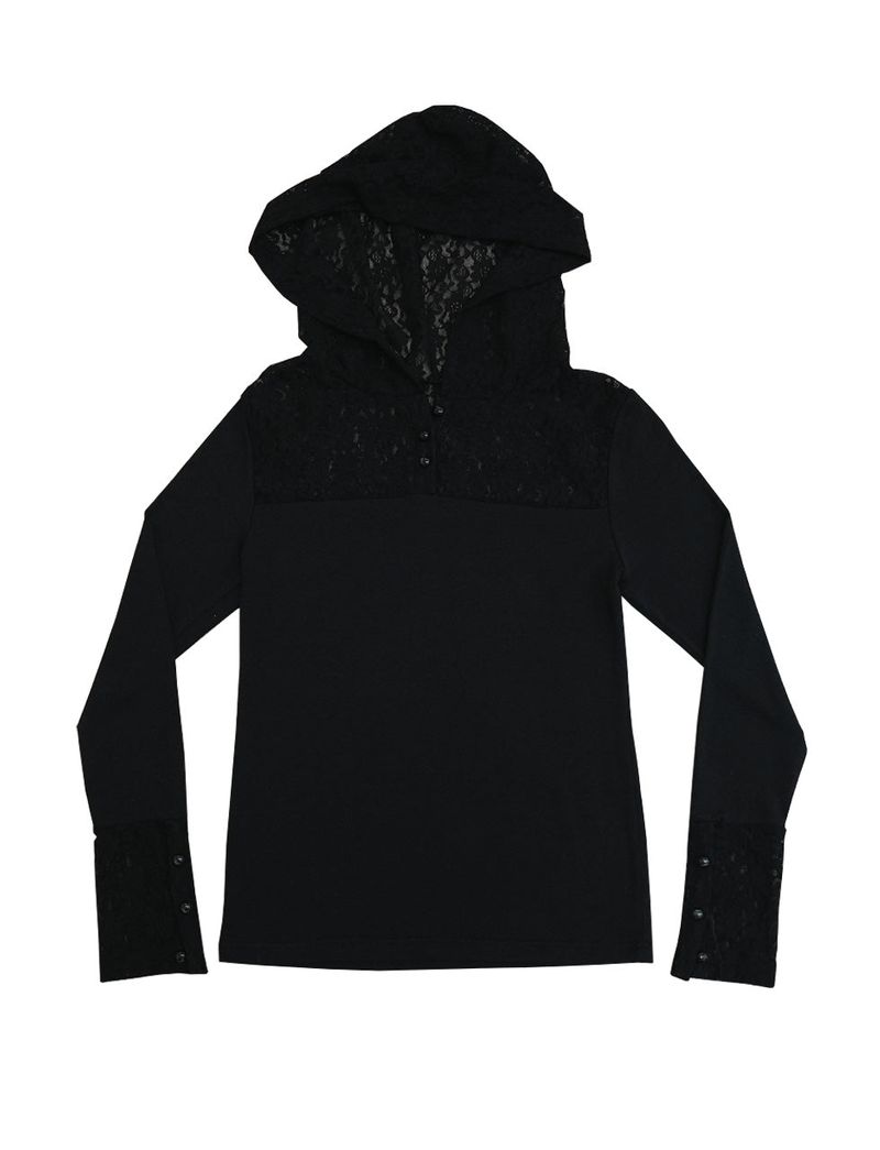 button lace hoodie top long ver. / black
