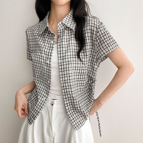 Hbit Sleeve Roll-Up Side Line Shirring Check Short Sleeve Blouse (3 colors)
