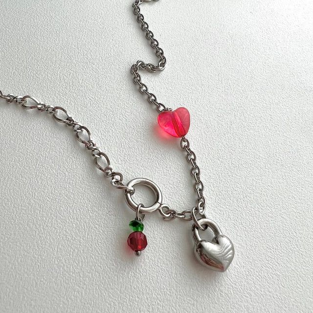 chi Kitchee Cherry Beads Heart Lock Handmade Necklace