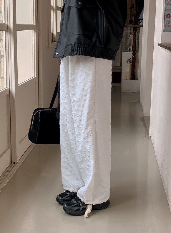 Flower Emboss String Wide Jogger Pants (4color)