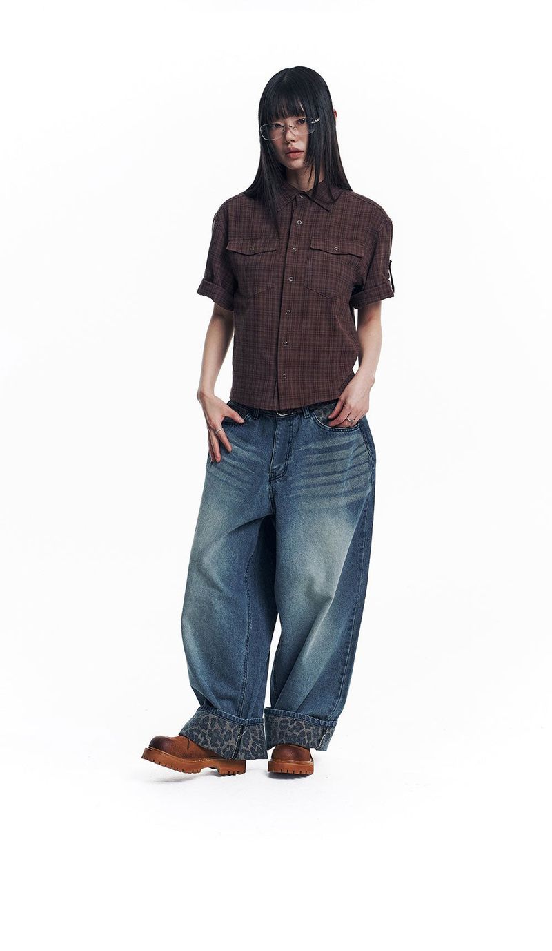 Leopard Cross Patch Roll-Up Denim Pants - Deep Blue