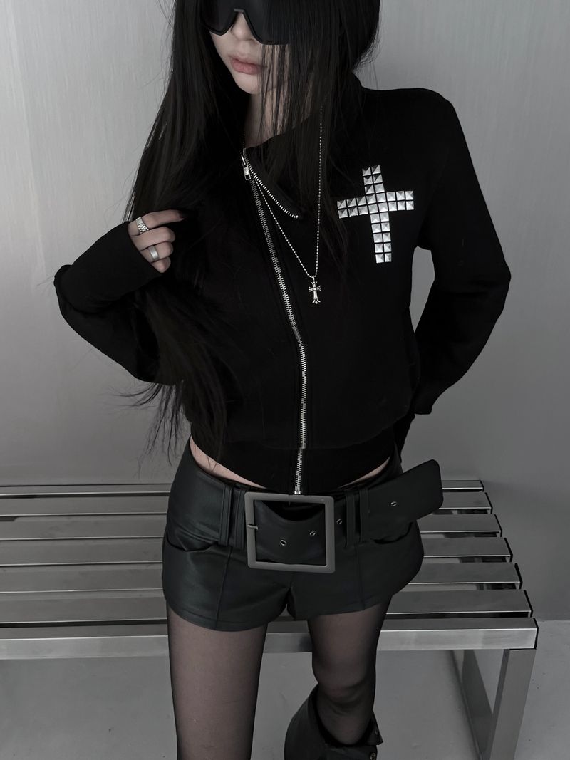 cross stud diagonal warmer zip-up (fleece-lined / 2color)