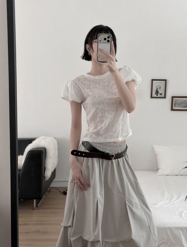 mnem（ムネム）の「Hazel See-Through Lace Volume Puff Tee（Tops）」