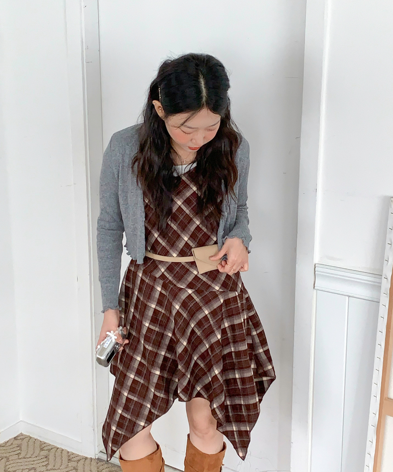 Mute Unbalanced Bustier Checkered Dress