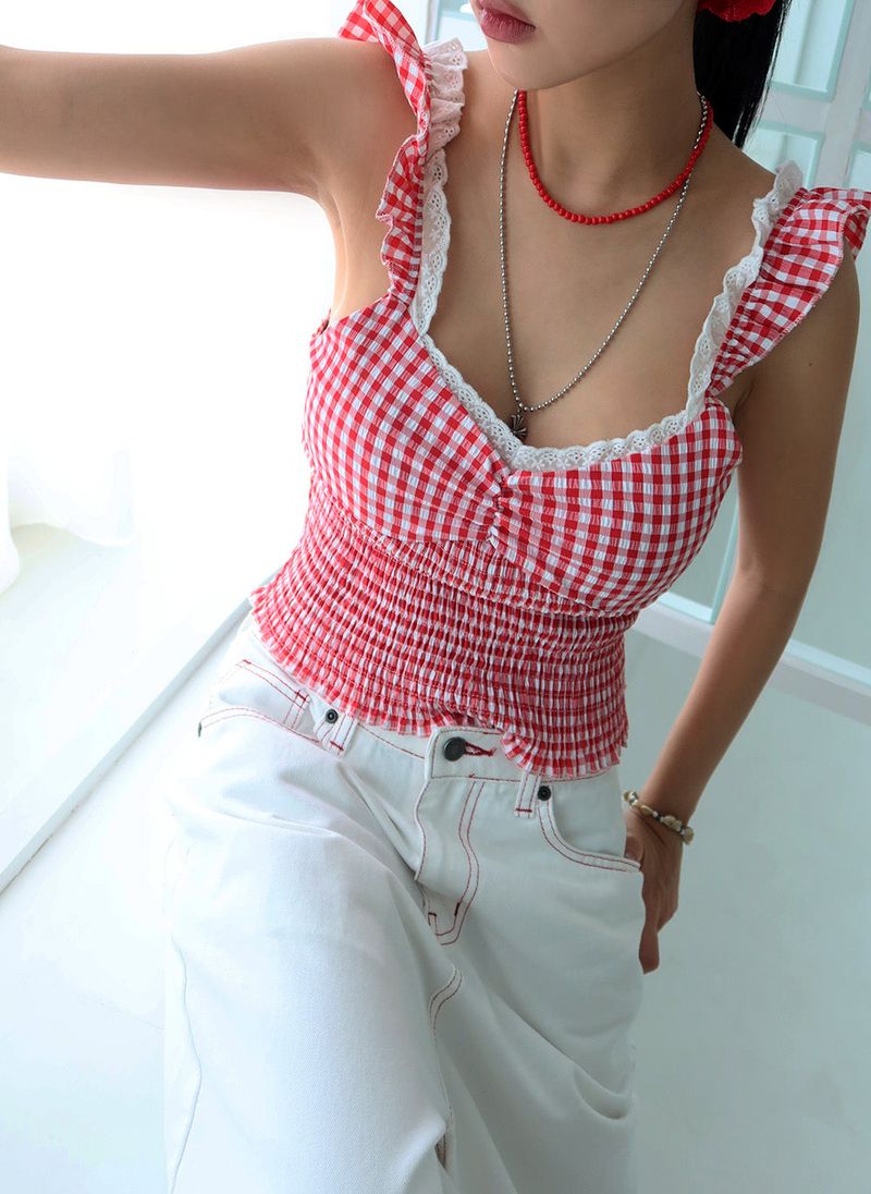 Check lace smoke banding blouse