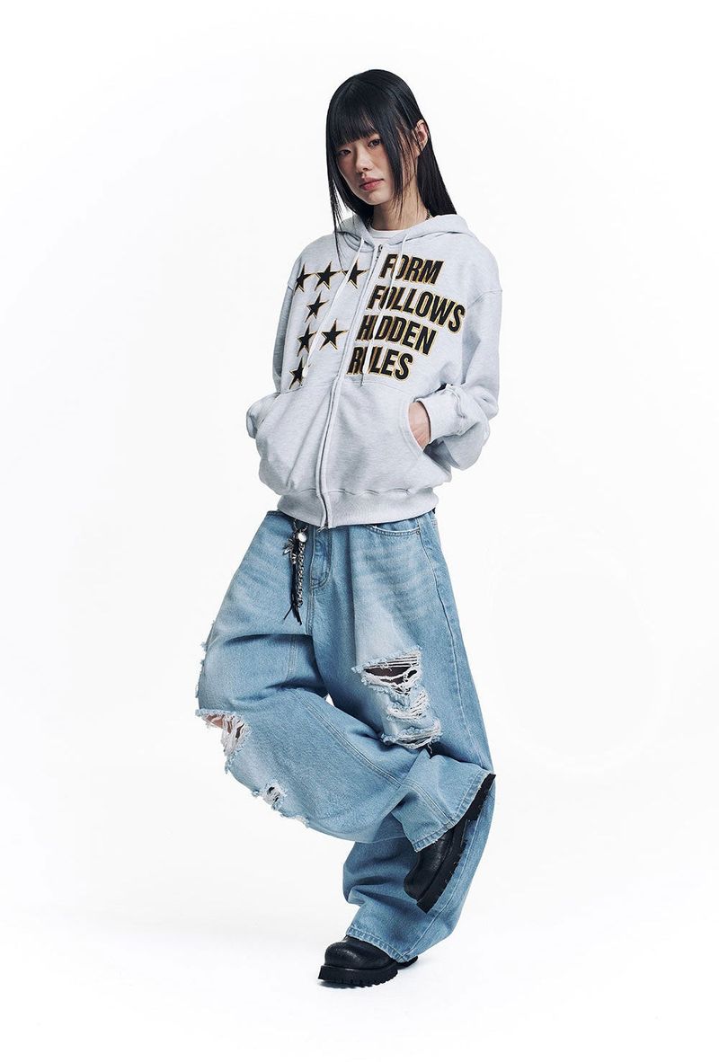 Star Lettering Patch Hoodie Zip-Up - White