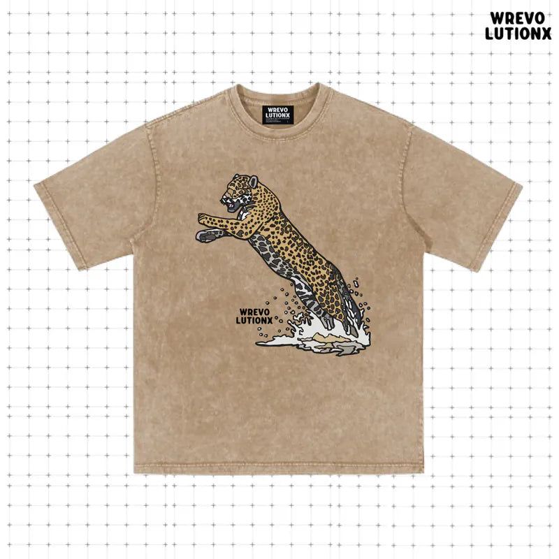 WREVOLUTIONX by WooLeeX（レボリューションエックス バイ ウーリーエックス）の「レインフォレストカーキデニムウォシュドTシャツ (Cheetah)（トップス）」