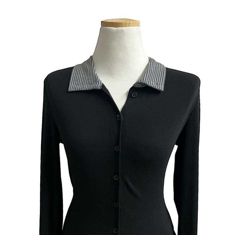 Mono High-neck Button Stripe Contrast Long Sleeve Top